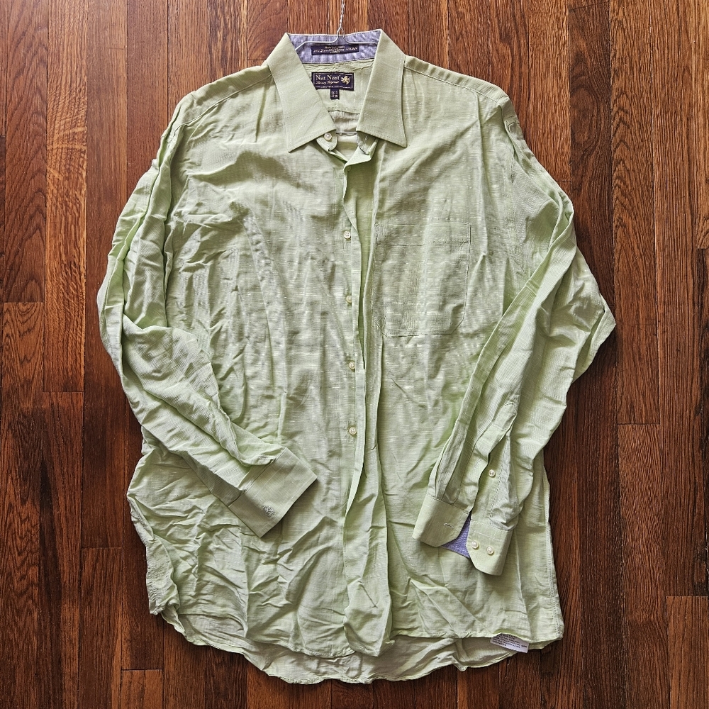 Mens Green Nat Nast Luxury Originals Button Down Shirt Linnen Silk Blend